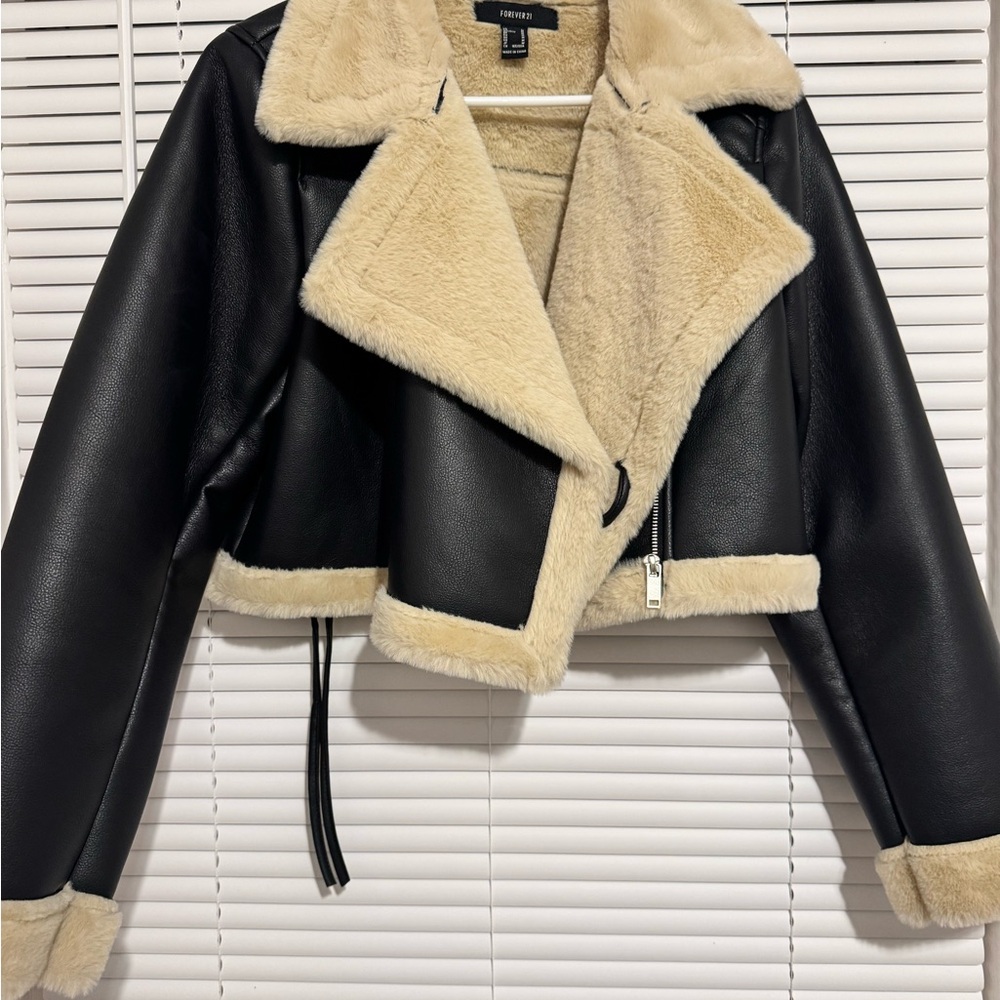 Forever 21 Black and Cream Faux Leather Jacket